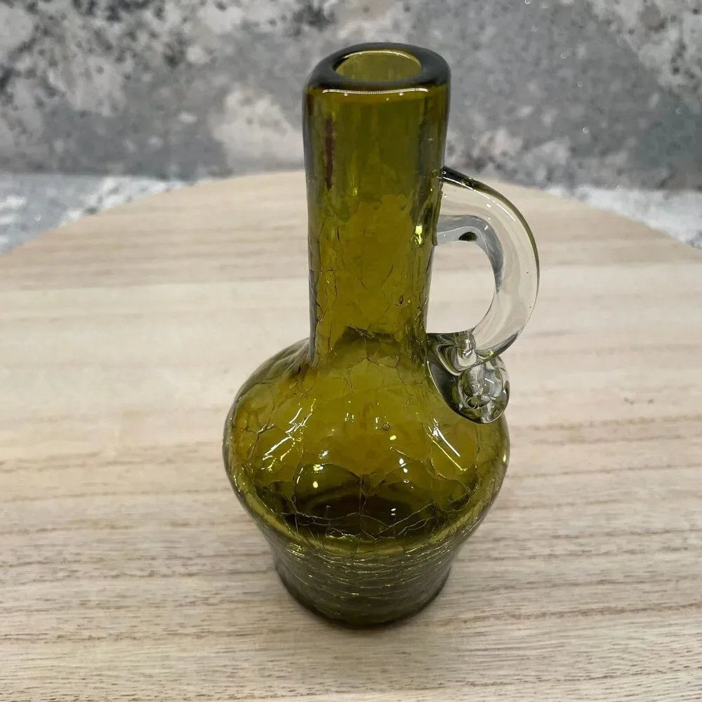 Vintage Pilgrim Olive Green Crackle Glass Mini Pitcher MCM Hand Blown 5.25